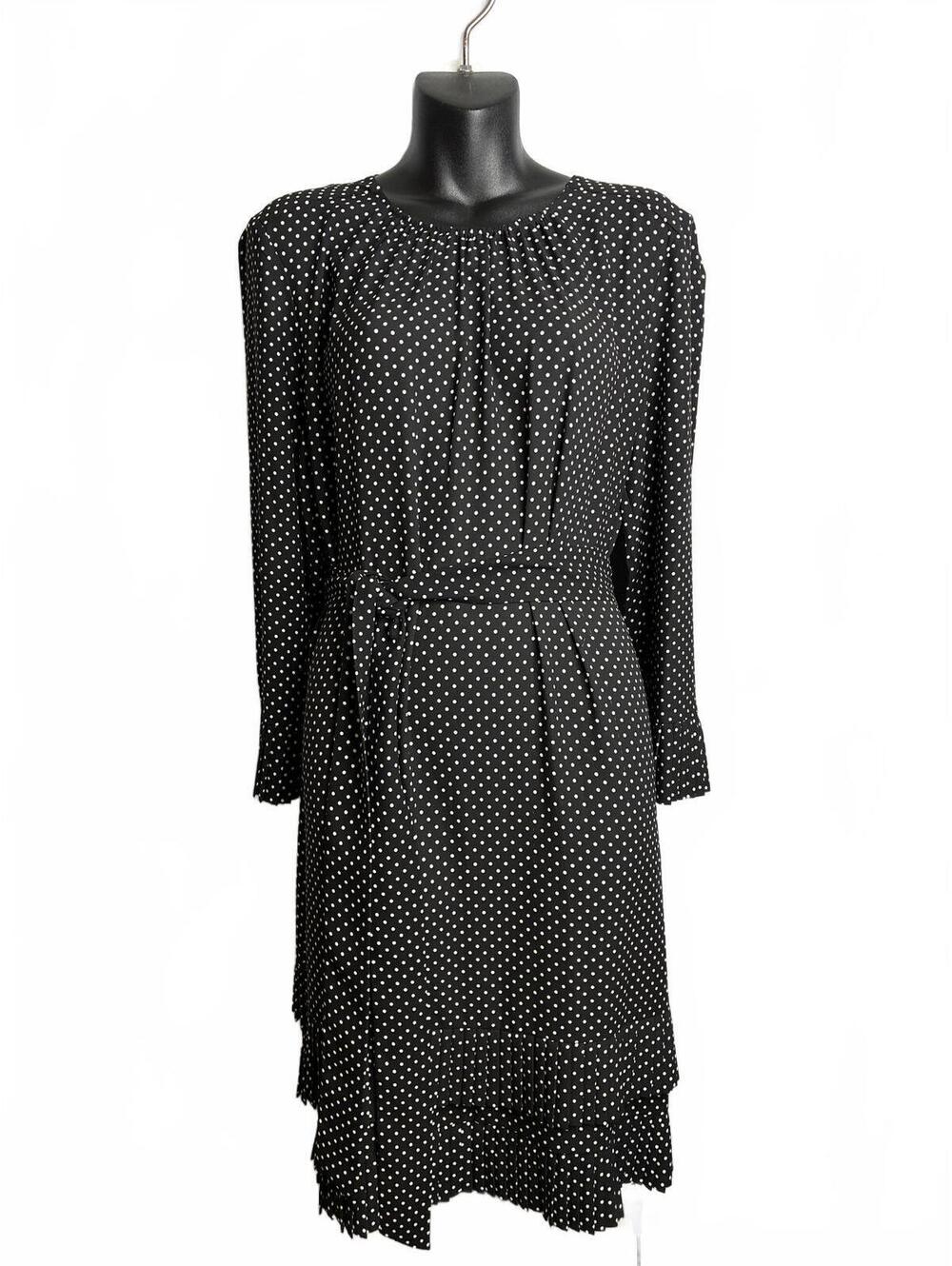 Kate Spade Black and White Polka Dot Long Sleeve Dress Pleated Hem Women's 14
